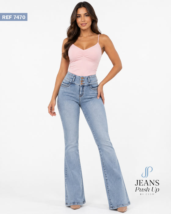 Light Blue Flare Leg Push Up Jeans Ref 7470 — High-Rise 3-Button Waistband, Butt Lift Effect