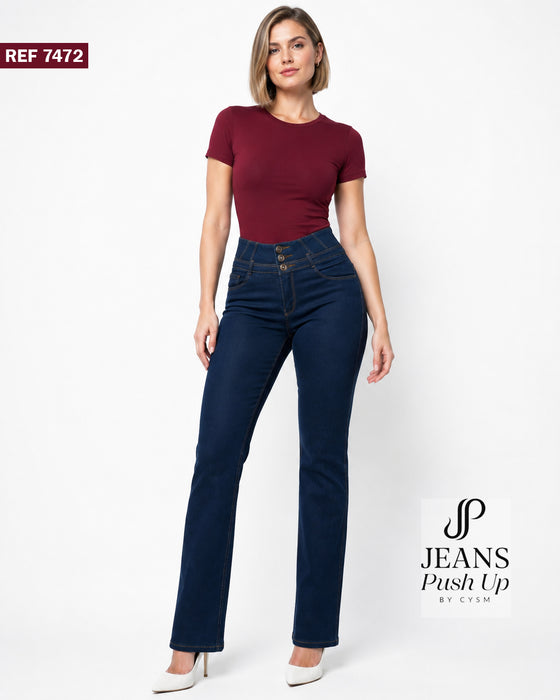 Dark Blue Flare Leg Push Up Jeans Ref 7472 — High-Rise 3-Button Waistband, Butt Lift Effect