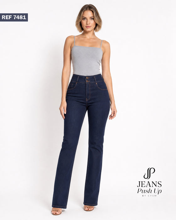 Dark Blue Flare Leg Push Up Jeans Ref 7481 — High-Rise 2-Button Waistband & Natural Butt Lift