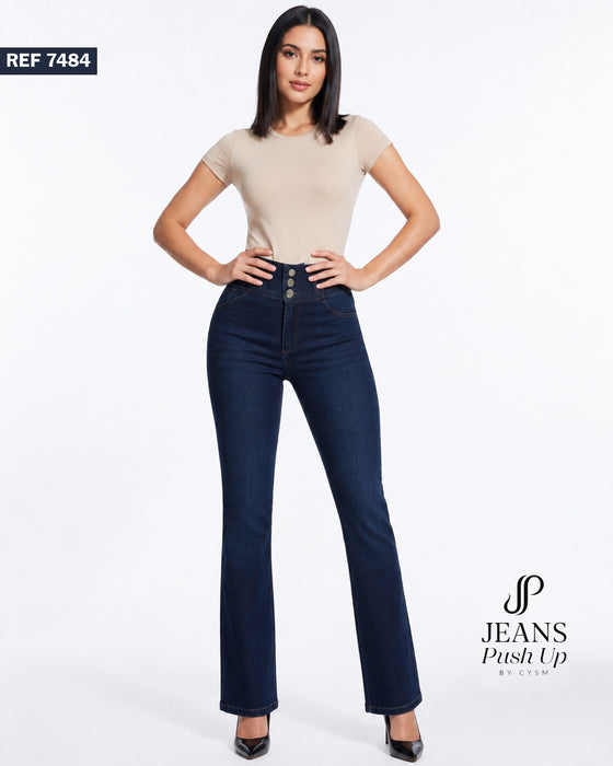 Dark Blue Flare Leg Push Up Jeans Ref 7484 — High-Rise 3-Button Waistband, Natural Butt Lift