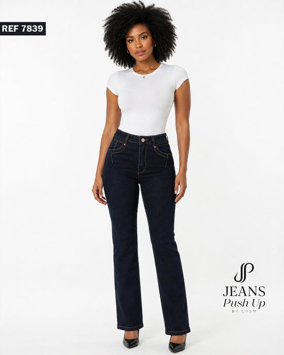 Dark Blue Flare Leg Push Up Jeans Ref 7839 — High-Rise 1-Button Waistband & Natural Butt Lift