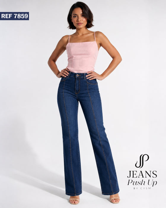 Blue Flare Leg Push Up Jeans Ref 7859 — Front Seams, High-Rise 1-Button Waistband & Natural Butt Lift