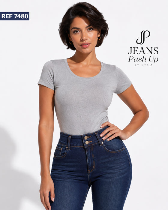 Dark Blue Flare Leg Push Up Jeans Ref 7480 — High-Rise 2-Button Waistband & Natural Butt Lift