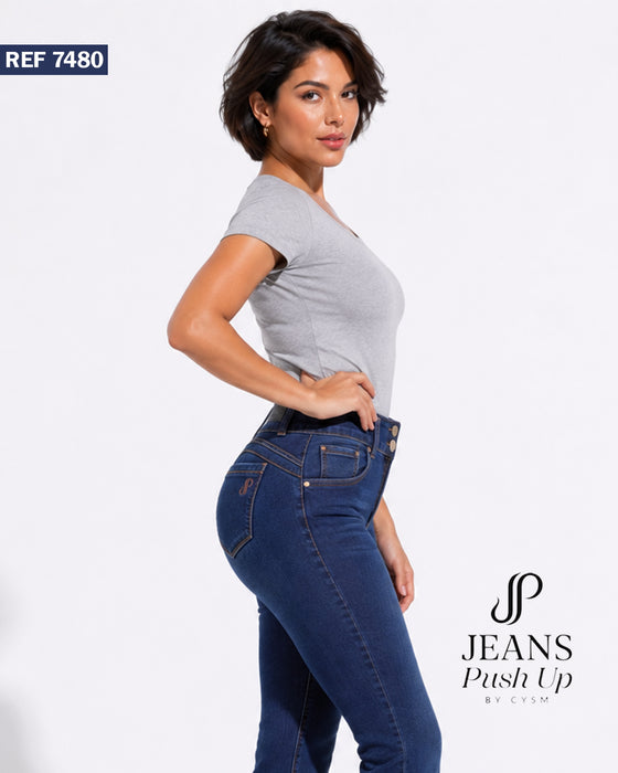 Dark Blue Flare Leg Push Up Jeans Ref 7480 — High-Rise 2-Button Waistband & Natural Butt Lift