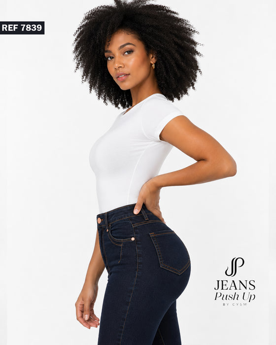 Dark Blue Flare Leg Push Up Jeans Ref 7839 — High-Rise 1-Button Waistband & Natural Butt Lift