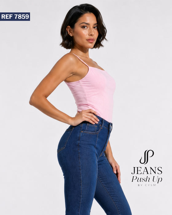 Blue Flare Leg Push Up Jeans Ref 7859 — Front Seams, High-Rise 1-Button Waistband & Natural Butt Lift