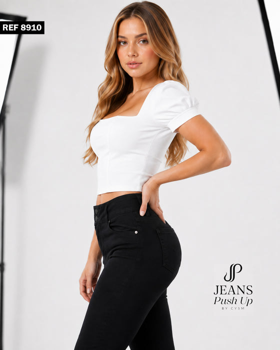 Black Flare Leg Push Up Jeans Ref 8910 — High-Rise 2-Button Waistband & Natural Butt Lift