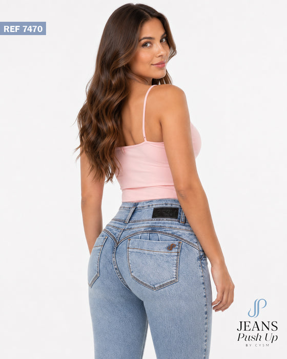Light Blue Flare Leg Push Up Jeans Ref 7470 — High-Rise 3-Button Waistband, Butt Lift Effect