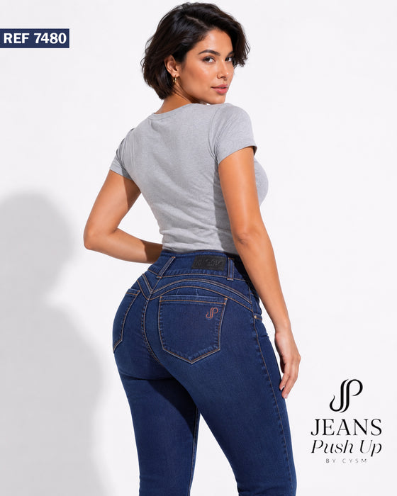 Dark Blue Flare Leg Push Up Jeans Ref 7480 — High-Rise 2-Button Waistband & Natural Butt Lift
