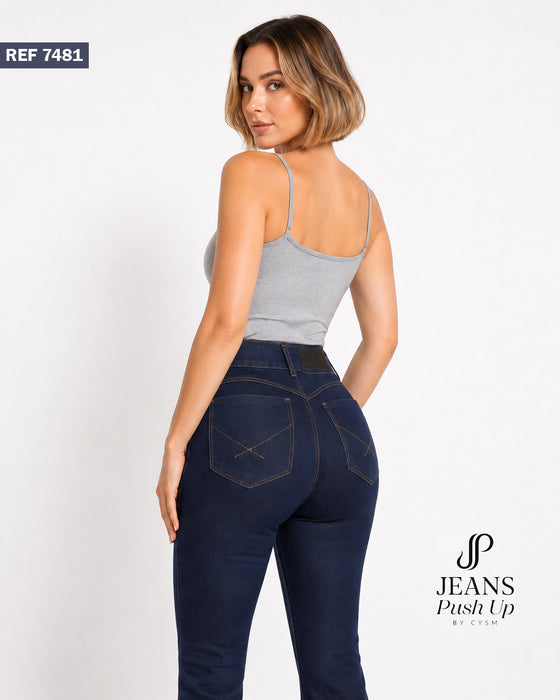 Dark Blue Flare Leg Push Up Jeans Ref 7481 — High-Rise 2-Button Waistband & Natural Butt Lift