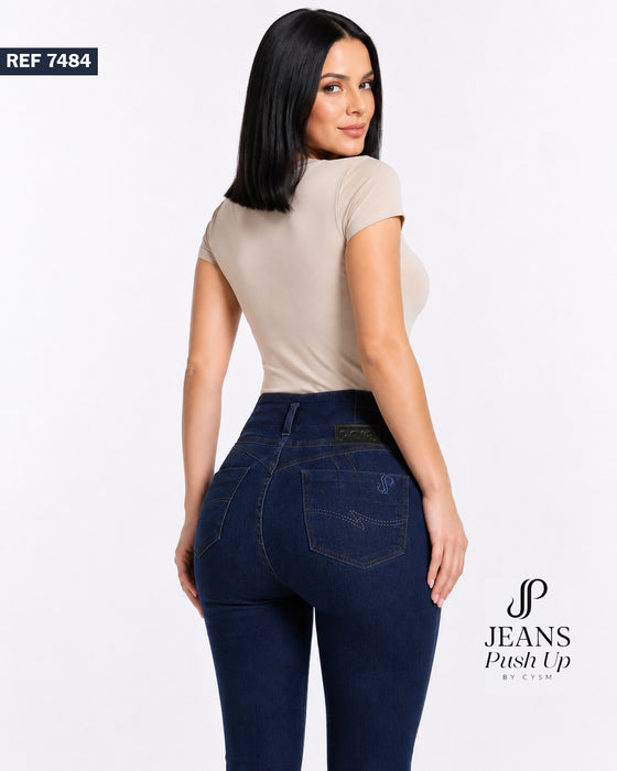 Dark Blue Flare Leg Push Up Jeans Ref 7484 — High-Rise 3-Button Waistband, Natural Butt Lift