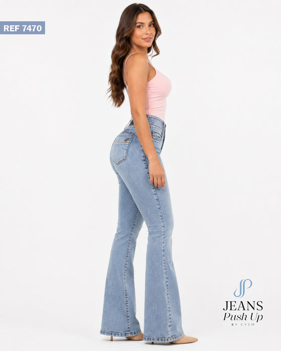 Light Blue Flare Leg Push Up Jeans Ref 7470 — High-Rise 3-Button Waistband, Butt Lift Effect