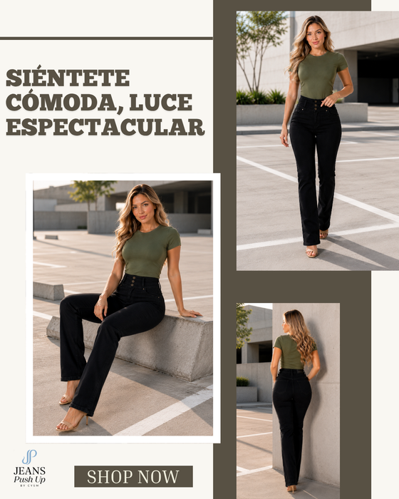 Black Straight Leg Push Up Jeans Style 8030 — High-Rise 3-Button Waistband & Butt Lift Effect