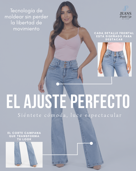 Light Blue Flare Leg Push Up Jeans Ref 7470 — High-Rise 3-Button Waistband, Butt Lift Effect