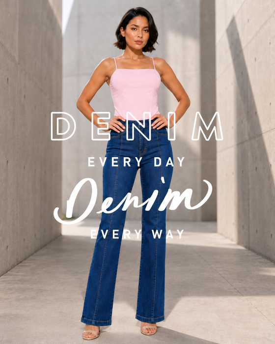Blue Flare Leg Push Up Jeans Ref 7859 — Front Seams, High-Rise 1-Button Waistband & Natural Butt Lift