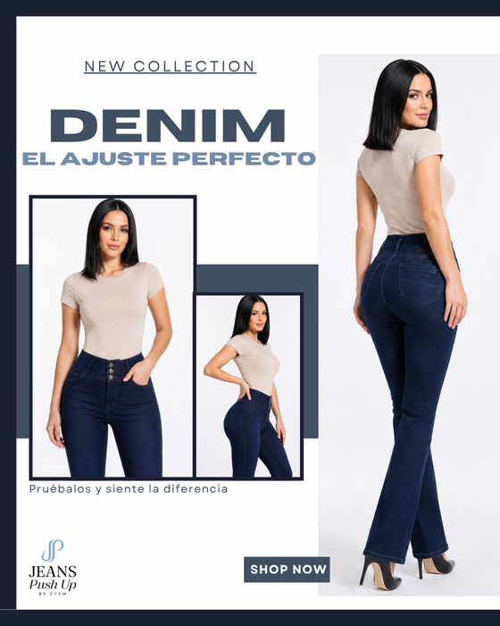 Dark Blue Flare Leg Push Up Jeans Ref 7484 — High-Rise 3-Button Waistband, Natural Butt Lift