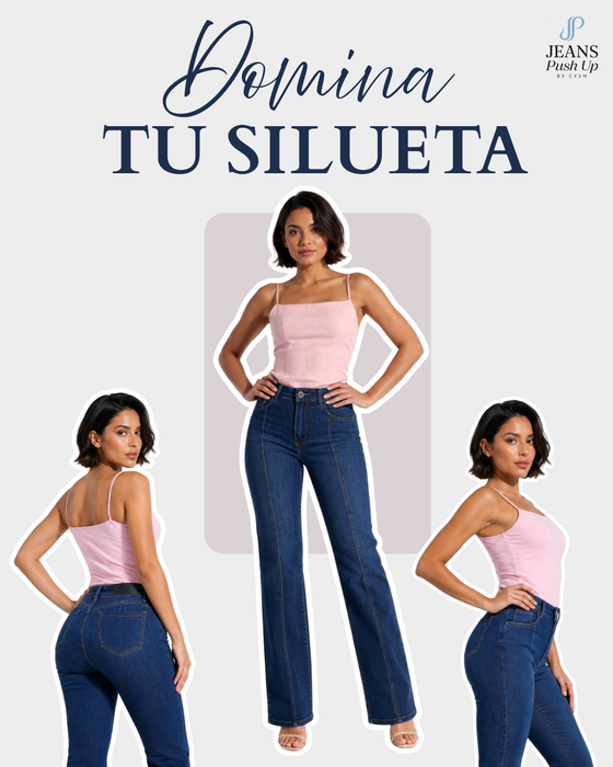 Blue Flare Leg Push Up Jeans Ref 7859 — Front Seams, High-Rise 1-Button Waistband & Natural Butt Lift