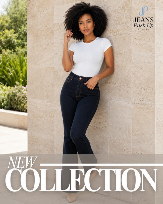 Dark Blue Flare Leg Push Up Jeans Ref 7839 — High-Rise 1-Button Waistband & Natural Butt Lift