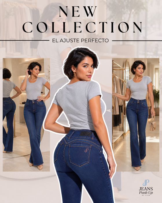 Dark Blue Flare Leg Push Up Jeans Ref 7480 — High-Rise 2-Button Waistband & Natural Butt Lift