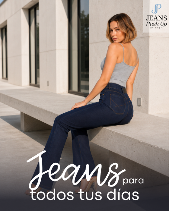 Dark Blue Flare Leg Push Up Jeans Ref 7481 — High-Rise 2-Button Waistband & Natural Butt Lift