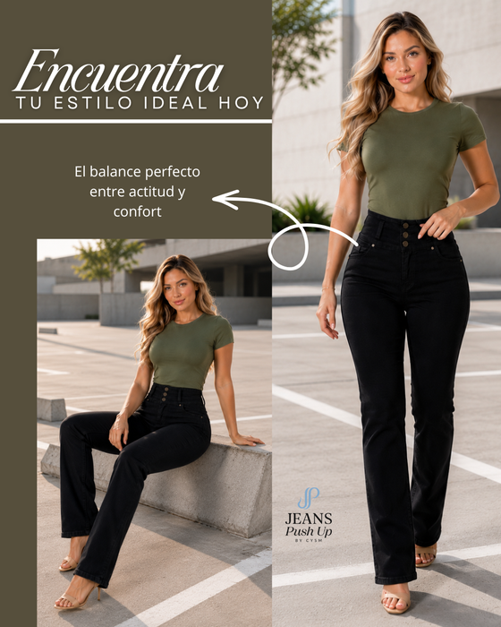 Black Straight Leg Push Up Jeans Style 8030 — High-Rise 3-Button Waistband & Butt Lift Effect