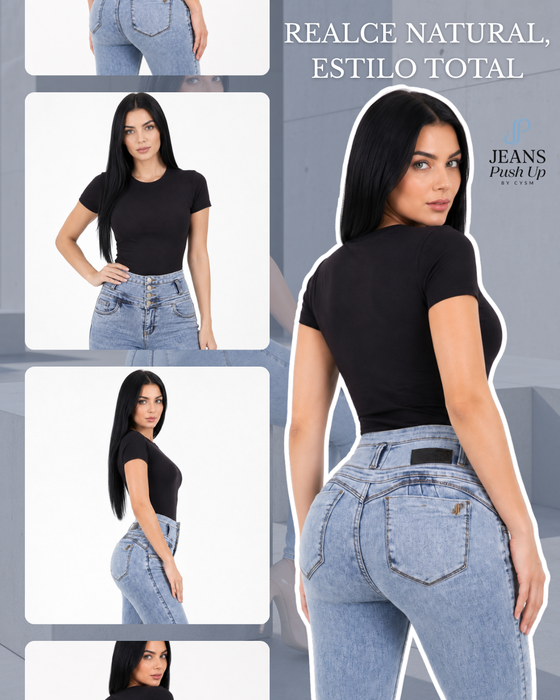 Light Blue Skinny Push Up Jeans Style 8909 — High-Rise 4-Button Waistband & Natural Butt Lift