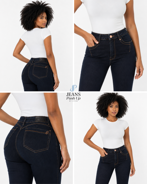 Dark Blue Flare Leg Push Up Jeans Ref 7839 — High-Rise 1-Button Waistband & Natural Butt Lift