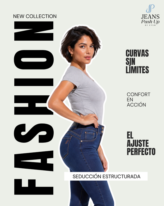 Dark Blue Flare Leg Push Up Jeans Ref 7480 — High-Rise 2-Button Waistband & Natural Butt Lift