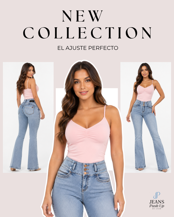 Light Blue Flare Leg Push Up Jeans Ref 7470 — High-Rise 3-Button Waistband, Butt Lift Effect