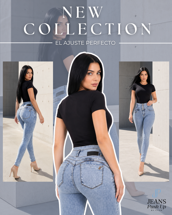 Light Blue Skinny Push Up Jeans Style 8909 — High-Rise 4-Button Waistband & Natural Butt Lift
