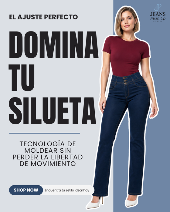 Dark Blue Flare Leg Push Up Jeans Ref 7472 — High-Rise 3-Button Waistband, Butt Lift Effect