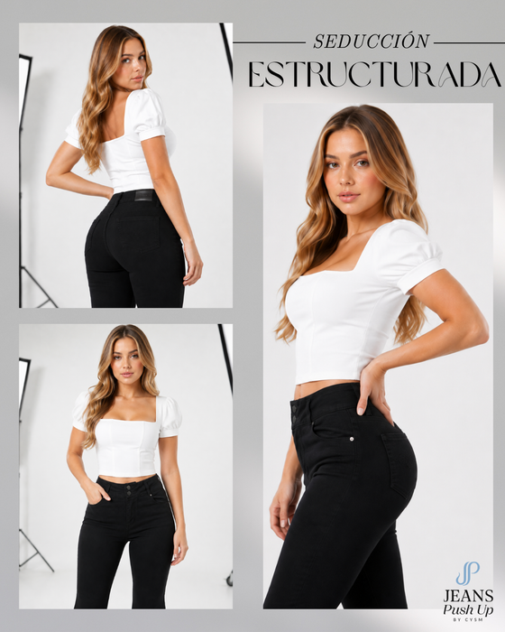 Black Flare Leg Push Up Jeans Ref 8910 — High-Rise 2-Button Waistband & Natural Butt Lift