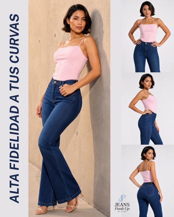 Blue Flare Leg Push Up Jeans Ref 7859 — Front Seams, High-Rise 1-Button Waistband & Natural Butt Lift