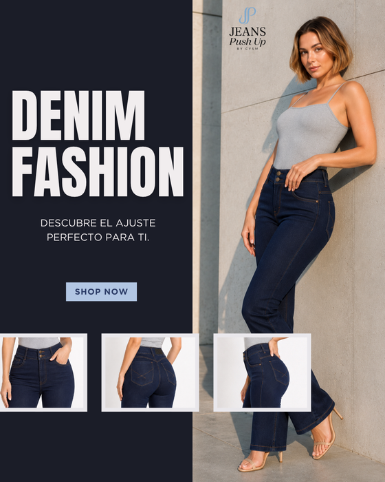 Dark Blue Flare Leg Push Up Jeans Ref 7481 — High-Rise 2-Button Waistband & Natural Butt Lift