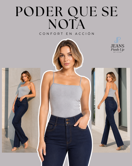 Dark Blue Flare Leg Push Up Jeans Ref 7481 — High-Rise 2-Button Waistband & Natural Butt Lift