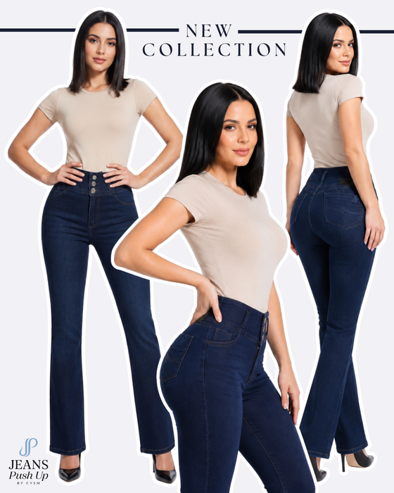 Dark Blue Flare Leg Push Up Jeans Ref 7484 — High-Rise 3-Button Waistband, Natural Butt Lift