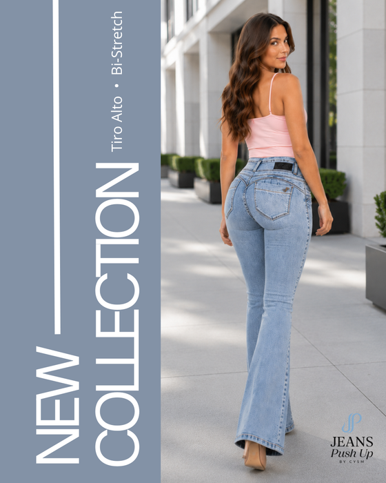 Light Blue Flare Leg Push Up Jeans Ref 7470 — High-Rise 3-Button Waistband, Butt Lift Effect