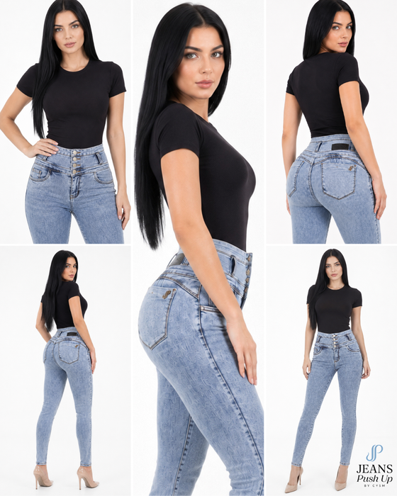 Light Blue Skinny Push Up Jeans Style 8909 — High-Rise 4-Button Waistband & Natural Butt Lift