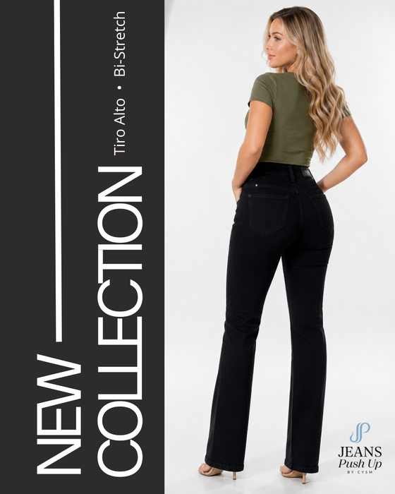 Black Straight Leg Push Up Jeans Style 8030 — High-Rise 3-Button Waistband & Butt Lift Effect