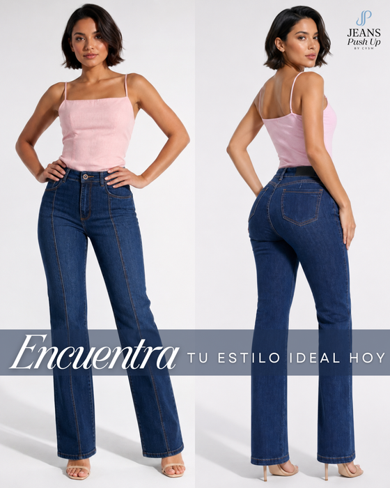 Blue Flare Leg Push Up Jeans Ref 7859 — Front Seams, High-Rise 1-Button Waistband & Natural Butt Lift
