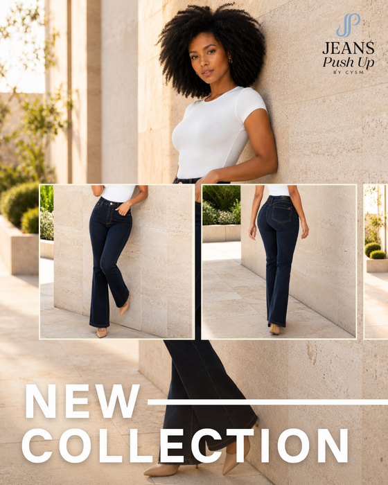 Dark Blue Flare Leg Push Up Jeans Ref 7839 — High-Rise 1-Button Waistband & Natural Butt Lift