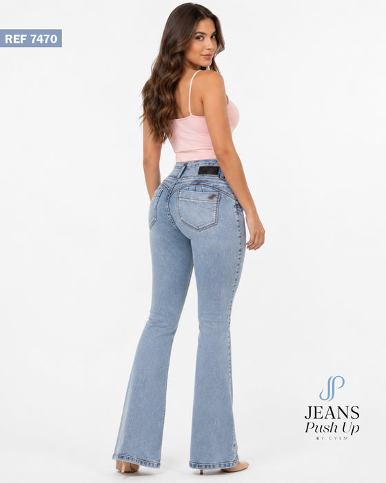 Light Blue Flare Leg Push Up Jeans Ref 7470 — High-Rise 3-Button Waistband, Butt Lift Effect