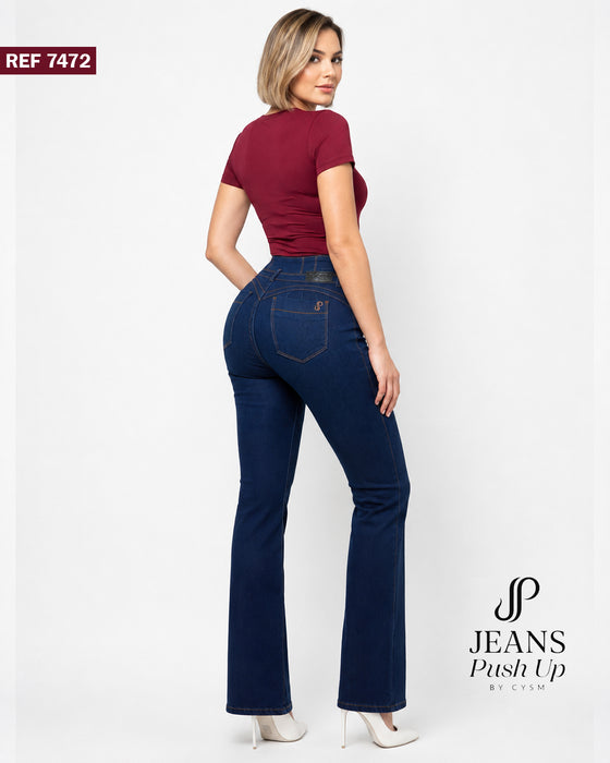 Dark Blue Flare Leg Push Up Jeans Ref 7472 — High-Rise 3-Button Waistband, Butt Lift Effect