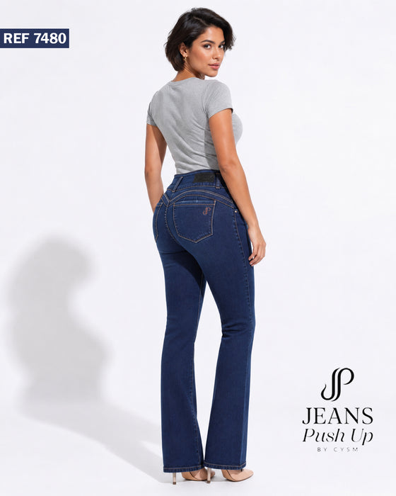 Dark Blue Flare Leg Push Up Jeans Ref 7480 — High-Rise 2-Button Waistband & Natural Butt Lift