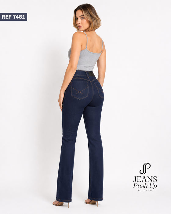 Dark Blue Flare Leg Push Up Jeans Ref 7481 — High-Rise 2-Button Waistband & Natural Butt Lift