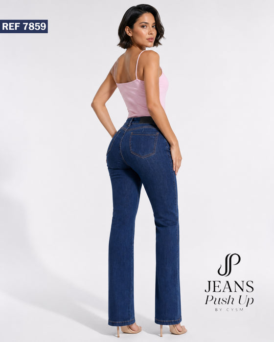 Blue Flare Leg Push Up Jeans Ref 7859 — Front Seams, High-Rise 1-Button Waistband & Natural Butt Lift
