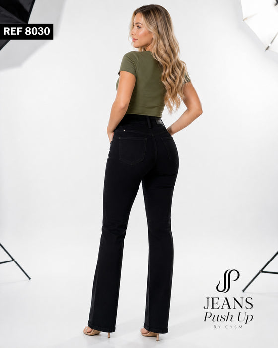 Black Straight Leg Push Up Jeans Style 8030 — High-Rise 3-Button Waistband & Butt Lift Effect